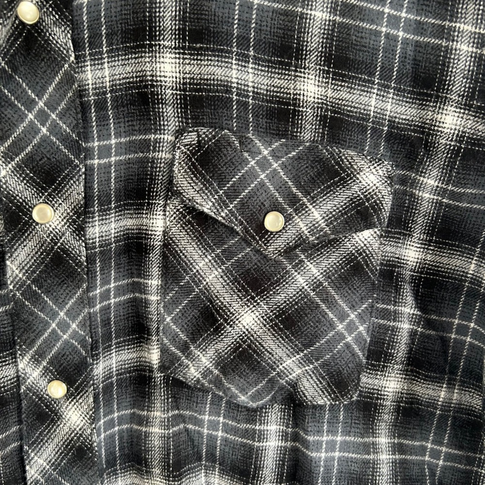Wrangler Wrancher Mens XL Western Pearl Snap Shirt Black Grey Plaid Flannel Long - Picture 2 of 8